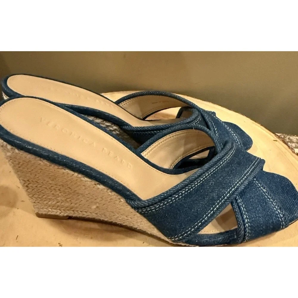 Veronica Beard Edna‎ Denim Wedge Espadrille Open Toe Sandals Size 7.5 New 395$
